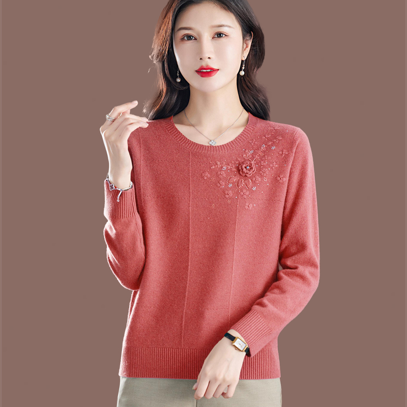 Red Round Neck Embroidered Floral Sweater for Women, Long-Sleeved Loose-Fitting 100% Pure Wool Knitwear, Autumn and Winter Base Layer Top