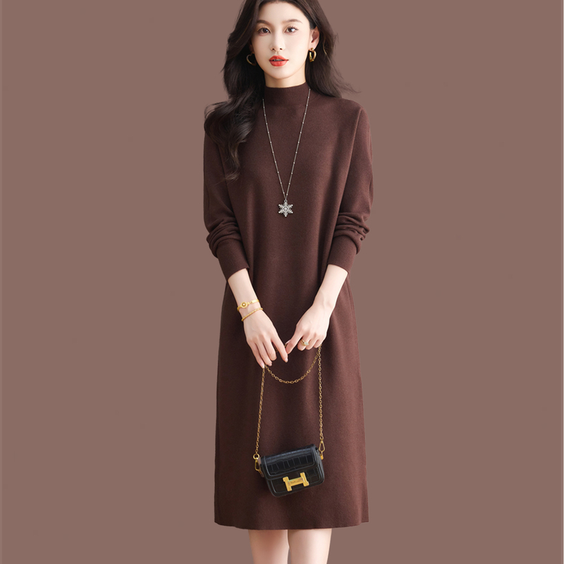 High-End Mid-Length Knitted Dress with a Half-High Collar for Women in Autumn and Winter, Paired with a Wool Base Layer Sweater Dress