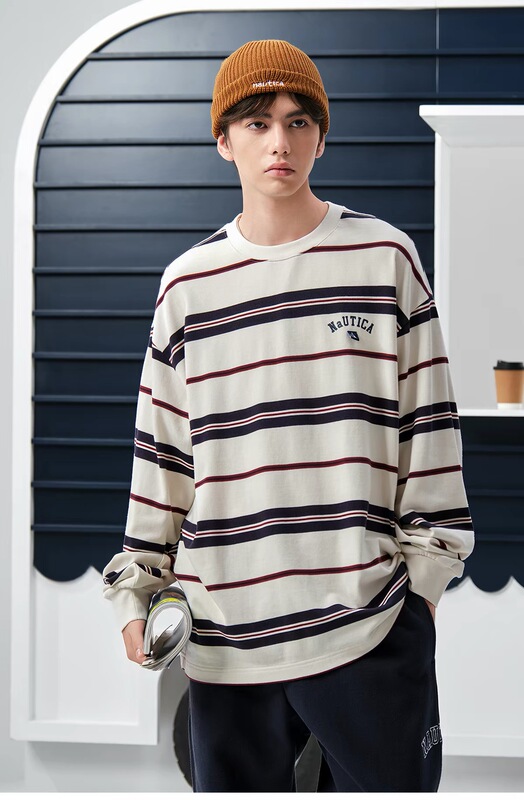 [Same Style as Cai Xukun] Nautica Whitesail Japanese Unisex Color-Block Striped Long-Sleeve Crew Neck T-Shirt