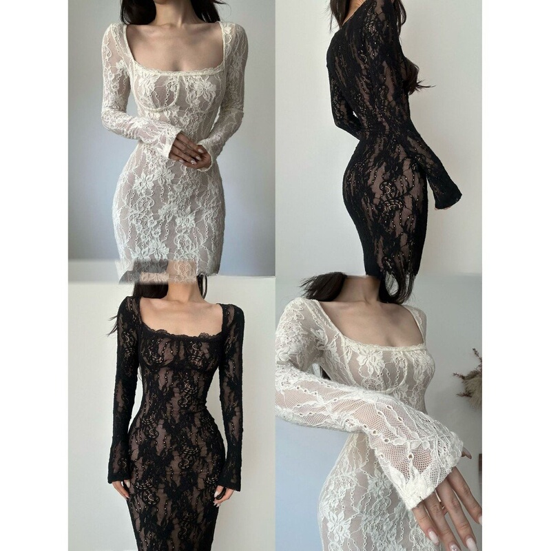 Lace Long-Sleeved Dress for Women 2026 New Autum Style French High-End Slim Fit Elastic Hip-Hugging Skirt Long Style