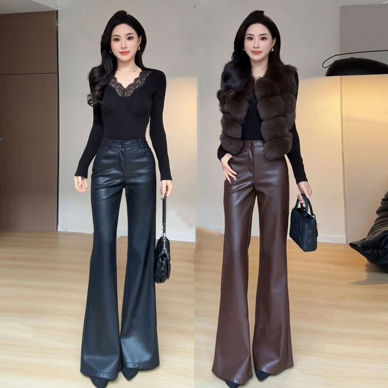 Women's Autumn and Winter New High-Waisted Slim-Fit Straight-Leg Slimming Protein Pu Flared Leather Pants Versatile Casual Long Pants Women's Autumn and Winter New High-Waisted Slim-Fit Straight-Leg Slimming Protein Pu Flared Leather Pants Versatile Casual Long Pants