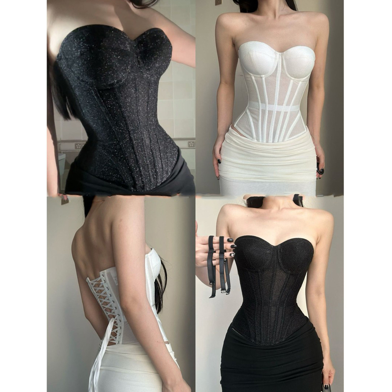 American-Style Sparkling High-End Three-Dimensional Fishbone Bra for Women with Breast Pads, Sexy Waist-Cinching Slimming Tube Top Trendy