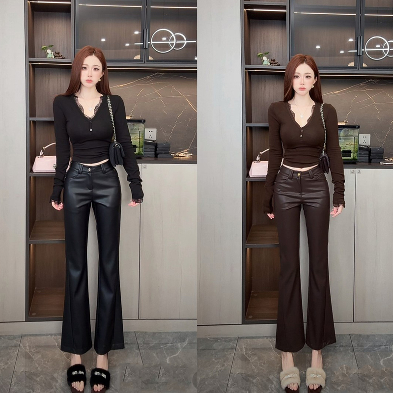 Protein Pu Leather Pants for Women, 2026 Autumn and Winter New Style, Elegant, Fashionable, Casual, Versatile, High-Waisted, Slimming, Slightly Flared, Cropped Pants Protein Pu Leather Pants for Women, 2026 Autumn and Winter New Style, Elegant, Fashionable, Casual, Versatile, High-Waisted, Slimming, Slightly Flared, Cropped Pants