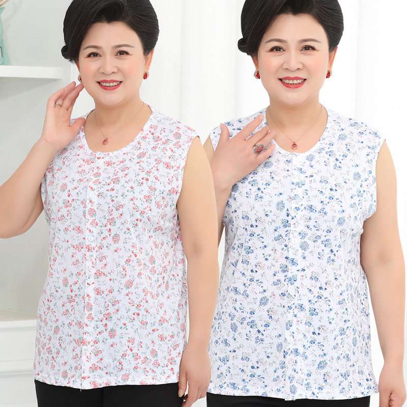 Summer middle aged short sleeve sleeveless vest female pyjamas with elderly pure cotton cardiovert cardiovert Camshoulder Mom old lady Thin Sweatshirt