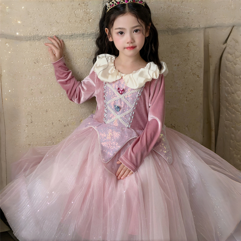 Girls' Aurora Princess Dress Birthday Dress Pink Fashionable Sleeping Beauty Princess Dress Mesh Dress Autumn and Winter