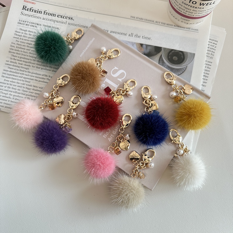 DIY Crystal Pearl Heart Zipper Pull Mink Fur Ball Coin Purse Pendant Car Keychain Earphone Hanger