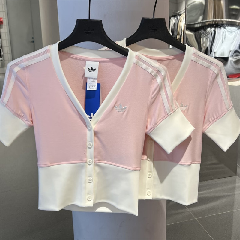 Adidas Trefoil Women's Sports Casual Trendy V-Neck Button Slim Short Sleeve T-Shirt Shirt Kw4541