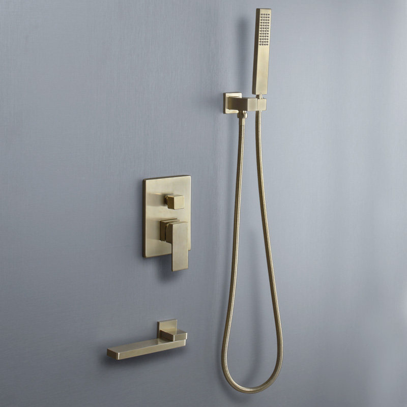 German all-copper concealed wall-mounted square portable shower bathroom hot and cold water brushed gold shower set faucet