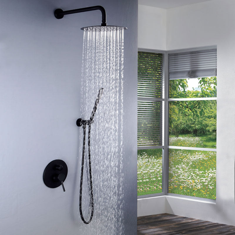 Bellow Nordic full copper black into wall Concealed Round Shower shower head Kit hot and cold water mixing valve tap