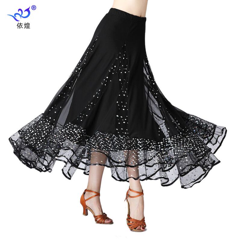 Sequin Dance Skirt, Half-Length Skirt, Mesh Skirt, Black and Red Sequin Ballroom Dance Skirt, Practice Skirt, Dance Performance Costume