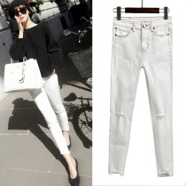 2021 spring leggings women pants wear chic Korean version of cotton eight points pencil pants knee hole denim White