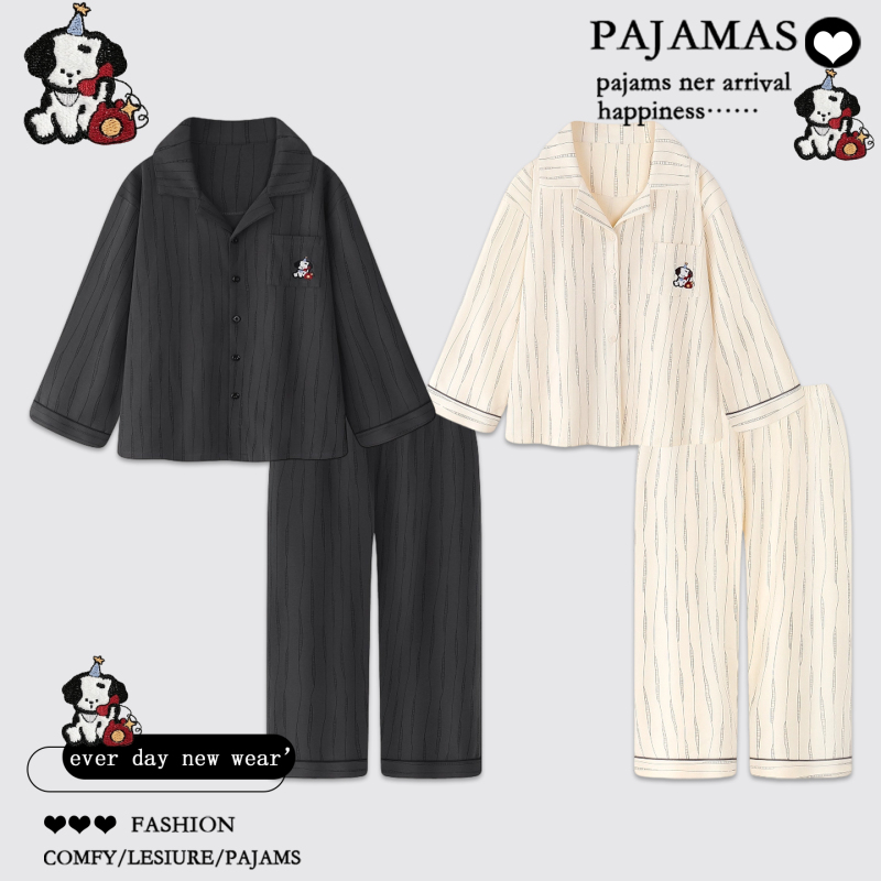 Cartoon Striped Pure Cotton Pajamas for Couples, One Man and One Woman, Spring and Autumn Long-Sleeved Casual Home Wear Set That Can Be Worn Outside Cartoon Striped Pure Cotton Pajamas for Couples, One Man and One Woman, Spring and Autumn Long-Sleeved Casual Home Wear Set That Can Be Worn Outside