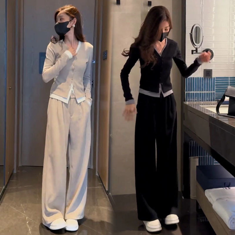Wide-Leg Pants Women's High-Waisted Drapey Suit Spring and Autumn European Style Beautiful Fashionable Casual Sportswear Slimming Age-Reducing Two-Piece Set