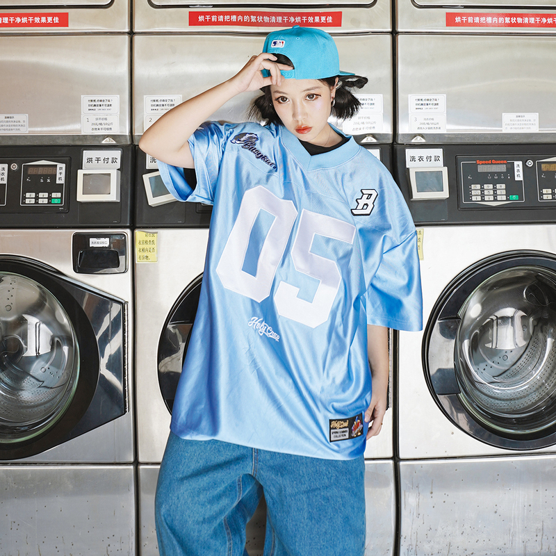 Busykid Hip-Hop Baseball Short-Sleeved Sky Blue Embroidered Jersey Original West Coast Reflective Hiphop Street Dance T-Shirt