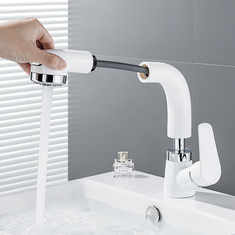 Pull-out cold and hot tap Makeup Room Washbasin Terrace Basin Swivel Basin White Two-in-one Bathroom full copper