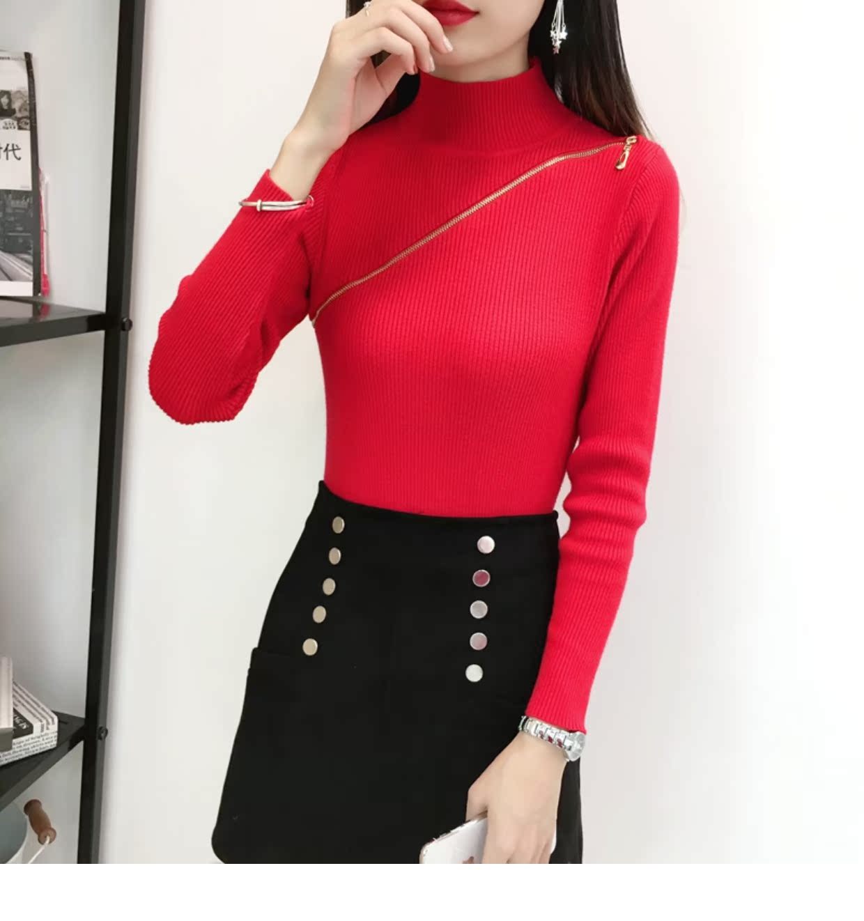 Áo len nữ 2018 mới có khóa kéo chéo nửa cổ áo len cao cổ mùa đông chạm đáy nữ thời trang mỏng mùa thu size lớn áo len mỏng
