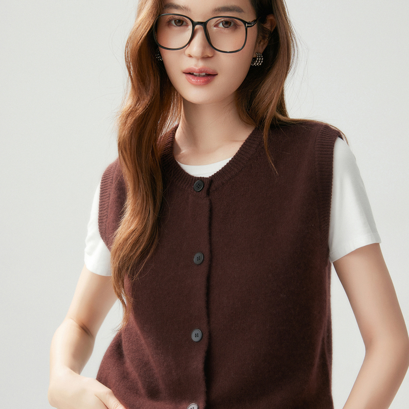 Round Neck 100% Pure Cashmere Knitted Vest for Women, Thick Button-Up Cardigan, Sleeveless Vest, Versatile Knitted Waistcoat