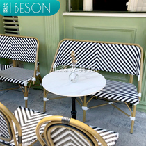 Outdoor Rattan sofa French style Milk Tea Shop Restaurant Cafeteria Dining Bar Chair Trio Double Open-air Patio Benches