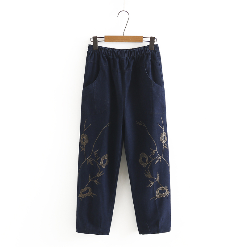 Mom's Jeans, Spring and Autumn Thin Embroidered Casual Long Pants, Elderly Elastic High-Waisted Granny Straight-Leg Pants for Women