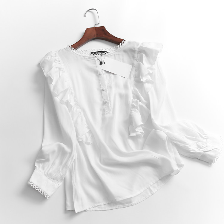 G035 hollow edge round neck lotus leaf lace solid color straight top autumn new 2020 fashionable women's all-match shirt