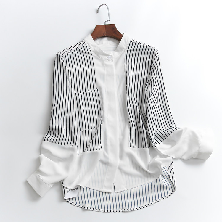 G025 black and white vertical stripe parquet pocket concealed single row buckle fall new long sleeve casual 100 lap snow spinning shirt