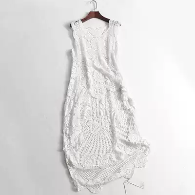 Y446 temperament women's summer new exterior solid color hollow lace round neck sleeveless lace dress women's dress