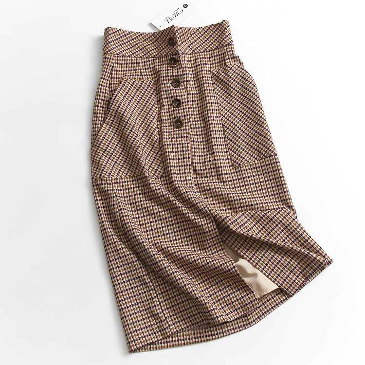 G036 Grit Pattern High Waist Display Slim Fit Pocket Fall New 202 thousand Hitch Woman Skirt Mid-Length Skirt Half Body Dress