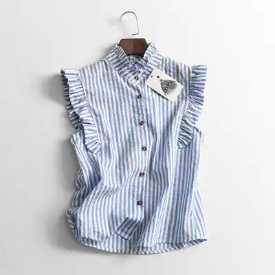 U352 temperament women's summer new striped wooden ear edge stand-up collar sleeveless top single row button women's shirt