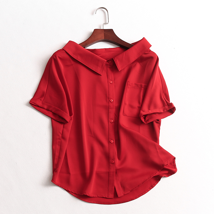 Y347 temperament women's summer new lapel collage pocket single breasted raglan short-sleeved chiffon shirt blouse