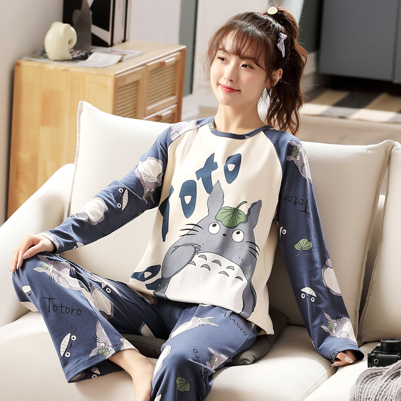 Han Edition Pyjamas Woman Spring Autumn Pure Cotton Round Collar Loose fat MM Step up Gats Cartoon Long Sleeve Home Suit Dragon Cat