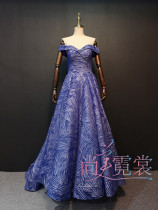 Evening dress blue big pendulum court tailing waist dream princess dress singer solo dress custom rental
