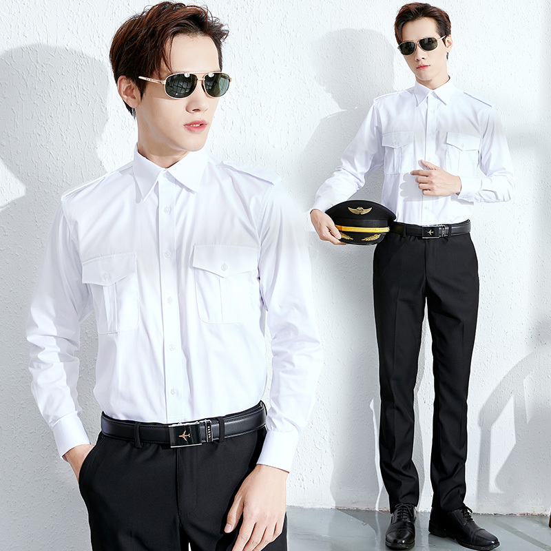 Aviation Uniform Shirt Long-Sleeved Male Pilot Uniform Captain Flight Attendant White Shirt Work Clothes Cotton Professional Workwear