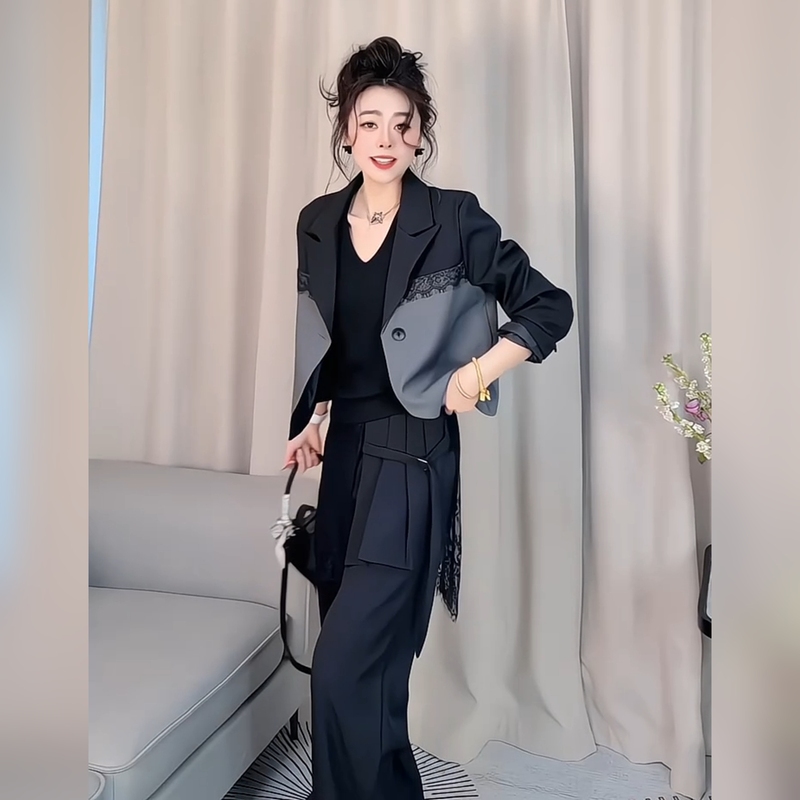 Plus-Size Casual Suit with Lace Patchwork, Short Long-Sleeve Blazer Jacket, Faux Two-Piece Wide-Leg Pants Two-Piece Set