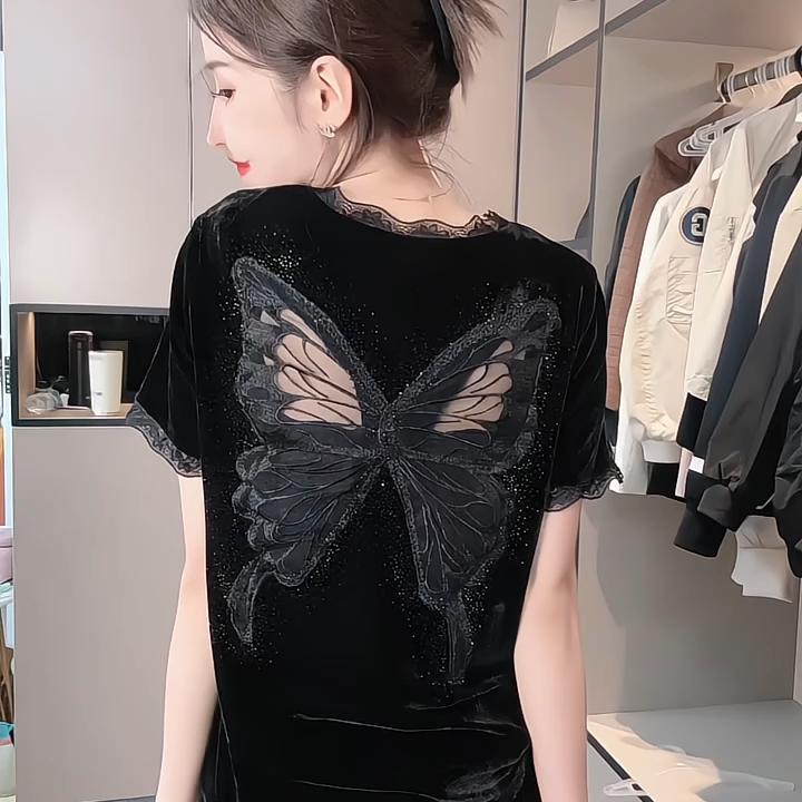 Fashionable Versatile Loose Slimming Velvet Lace V-Neck Hollow Butterfly Short-Sleeve T-Shirt Top for Women