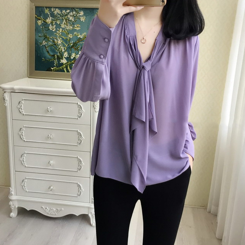 Plus-Size Women's Lace-Up Bow V-Neck Chiffon Shirt, Korean Style, Spring, Loose, Slimming, Base Shirt Top 100kg