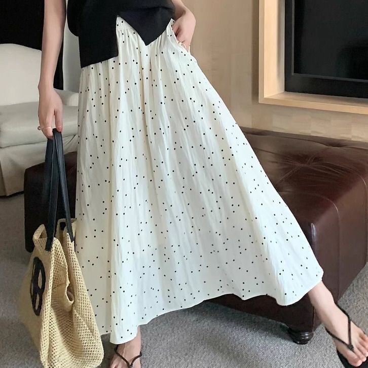 White Loose Polka Dot Skirt for Women, Summer Thin High-Waisted Casual Versatile A-Line Skirt for Petite Figures