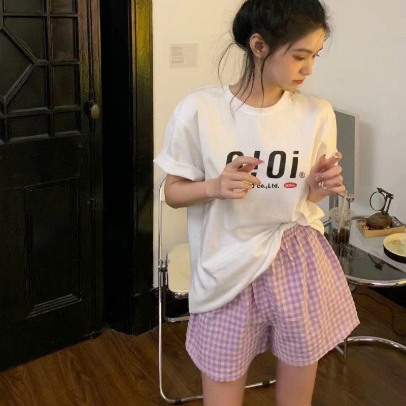 Thin home shorts summer sweet floral pants Korean version cotton and linen plaid pants loose casual pajamas women can wear outside