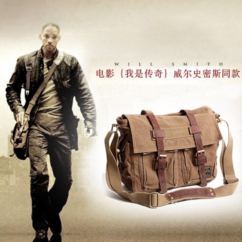 akarmy European vintage canvas bag men's shoulder bag messenger bag with cowhide computer horizontal casual travel bag