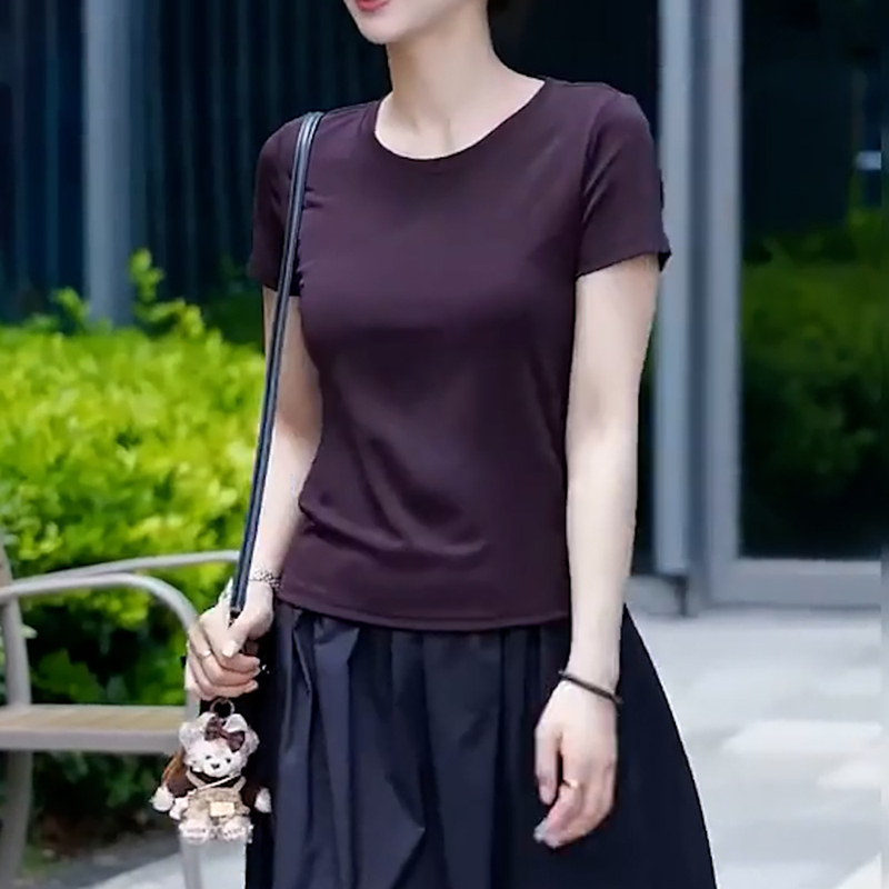 Short-Sleeved T-Shirt 2026 New Summer Simple Solid Color Top Early Autumn Inner Wear Small Shirt T-Shirt Purple Women's Clothing