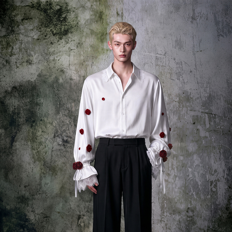 Shantian "Red Rose" Vintage-Style White Shirt for Men with Three-Dimensional Red Roses, Light Luxury Niche Shirt Shantian "Red Rose" Vintage-Style White Shirt for Men with Three-Dimensional Red Roses, Light Luxury Niche Shirt