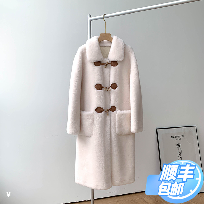 New Sheep Sheep Fur One Coat Women's Collar Over Knee Medium Length Lambs Hair Fur Coat Horn Buckle