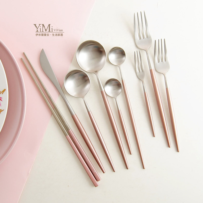 Portugal GOA Wind Cherry Blossom Powder Design 304 Stainless Steel Steak Knife Fork Spoon Long Handle Coffee Spoon Sweet fork spoon