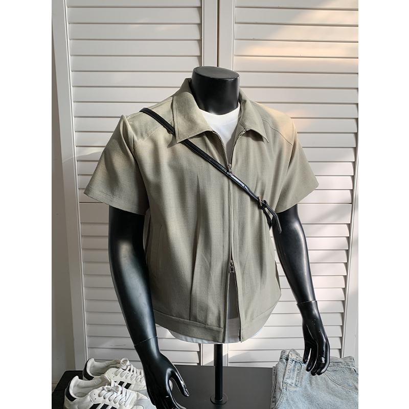 2026 New Style American Casual Style Lapel Short-Sleeved Shirt Men's Zipper Cardigan Shoulder Pad Jacket Sun Protection Shirt Jacket