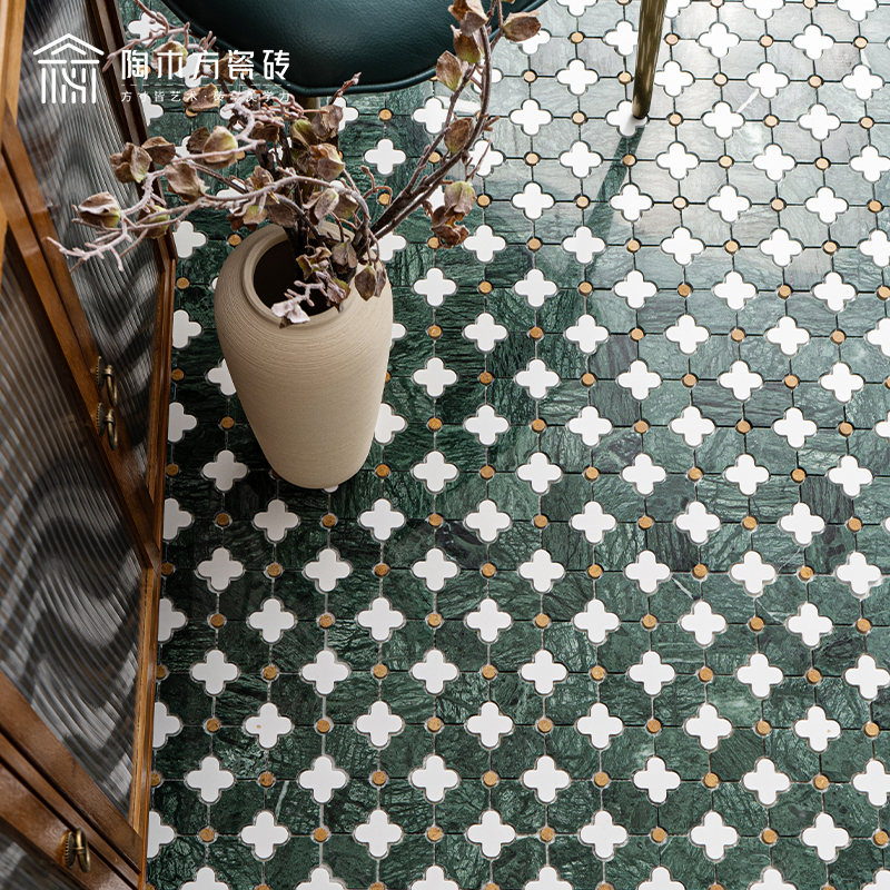 Dark Green and White Mosaic Tiles with Plum Blossom Pattern, Natural Marble Bathroom Non-Slip Floor Tiles