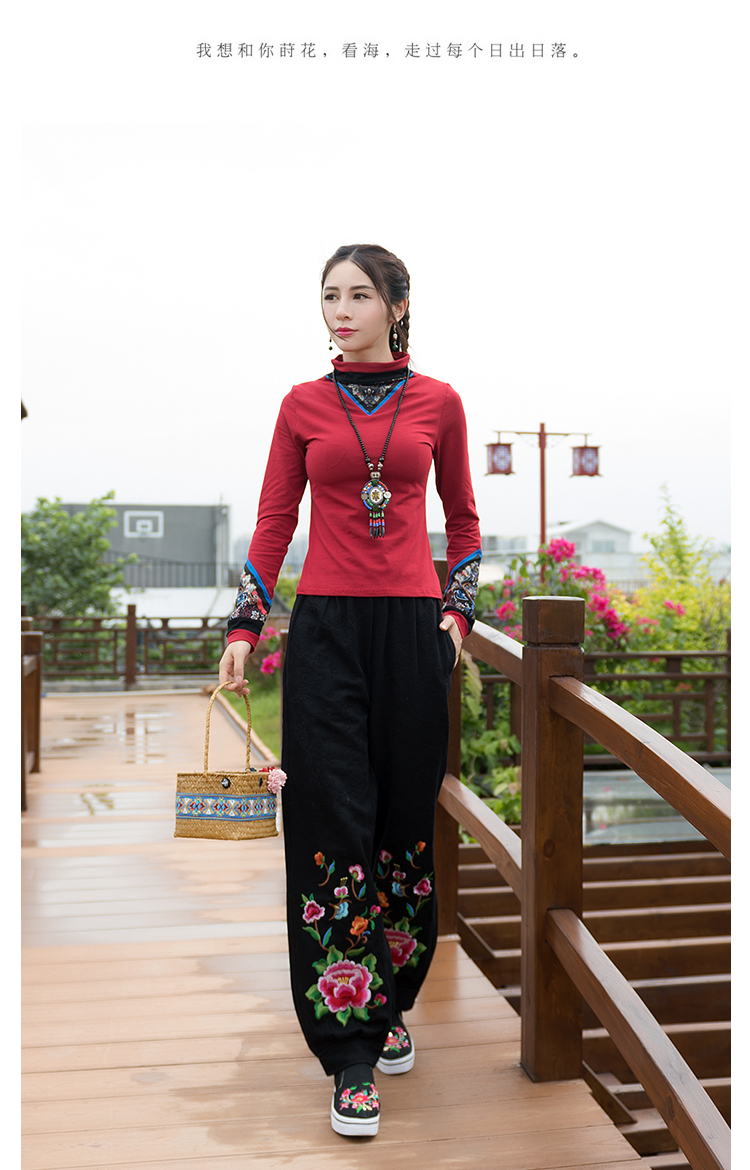Áo khoác mùa thu đông 2019 gió nữ quốc gia in áo thun dài tay nữ mùa xuân size lớn là áo sơ mi cổ cao mỏng áo phông nữ form rộng