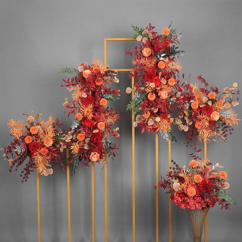 Wedding orange point flower set is the wedding hall finished flower red stage background flower arrangement flower row flower road lead flower