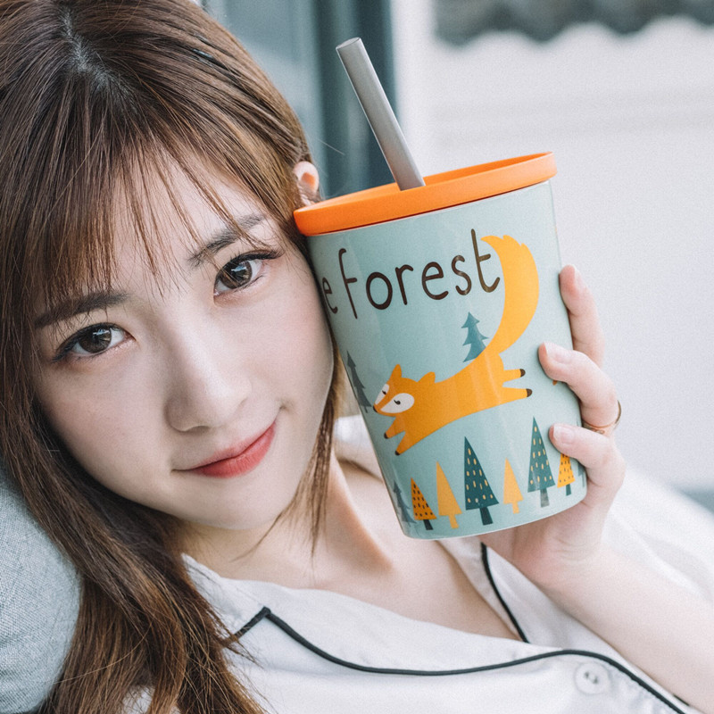 Yo-yo Good Products Creative Personality Bulking Cup Large Capacity Ceramic Mark Cup With Lid Cute Girl Straw Water Mug