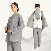 Winter monk clothes sea green lay clothes Female gray cotton material plus velvet warm male lay meditation clothes quilted jacket suit