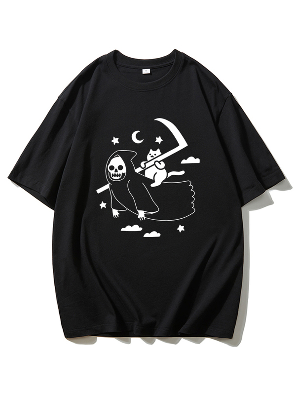 American-Style Reaper Loves Cats Funny Horror Cat Grim Reaper Print T-Shirt Loose Fit Unisex Halloween Clothing