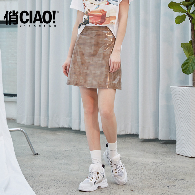 CIAO俏咖色复合防水港味高腰格子ins女士极简半身裙